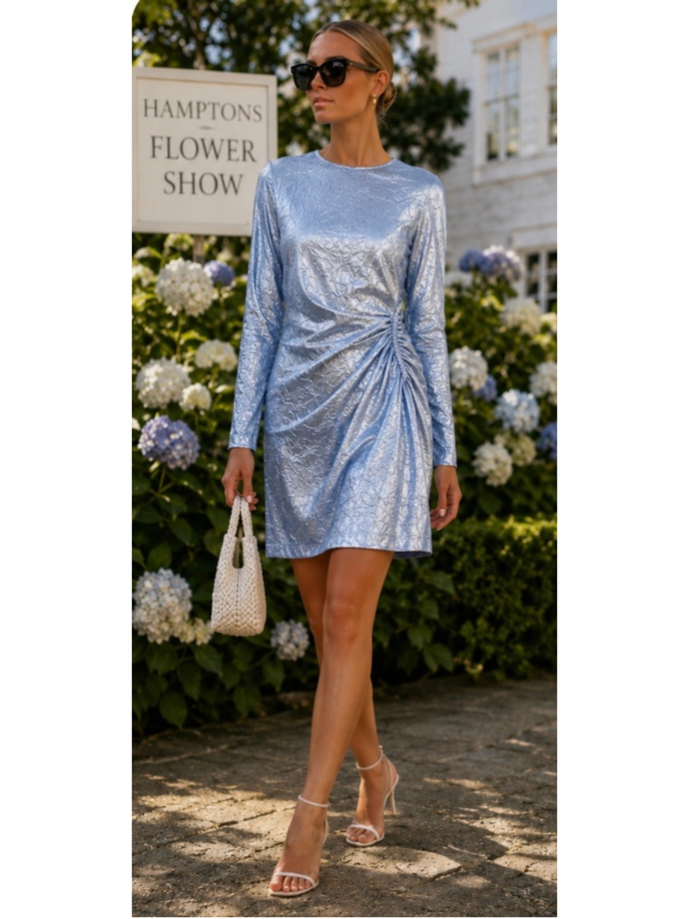 Maje Blue Metallic Ruched Mini Dress Size 40/10 New with Tags